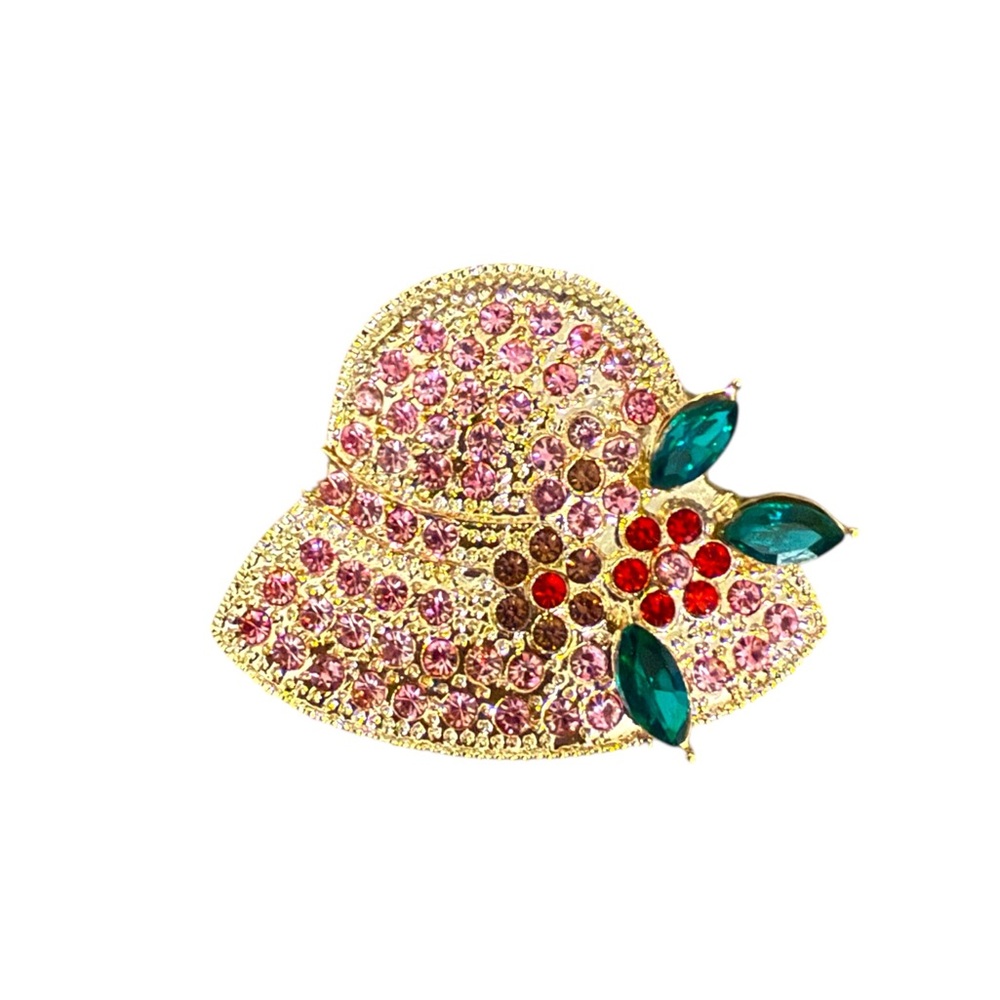 Pink Brooch with Red and Green Details in Gold Tone